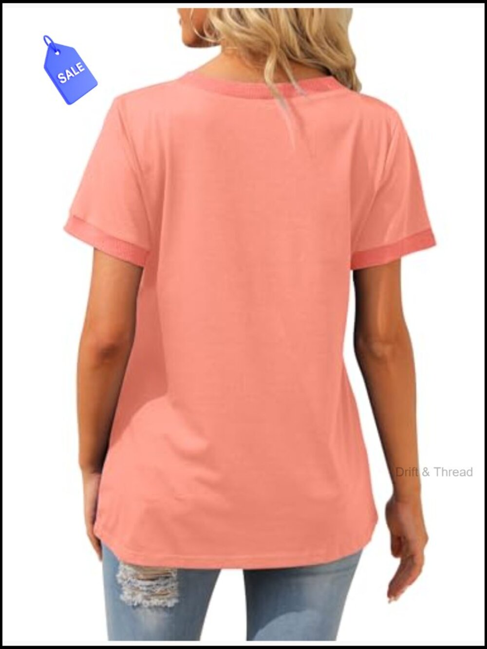 V-Neck Pocket Tee Loose Fit Short Sleeve Summer Top Stretchy Fabric - Picture 4 of 7